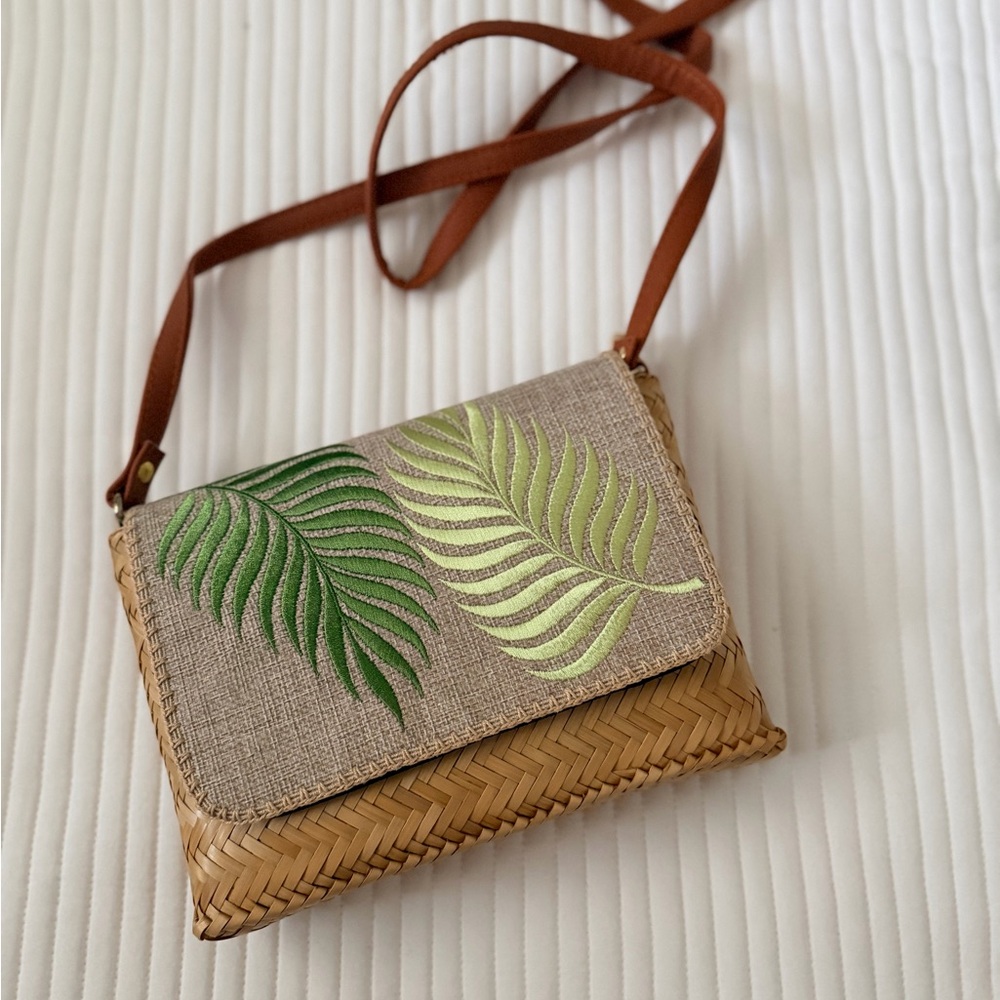 Tropical Leaf Embroidered Crossbody Bag